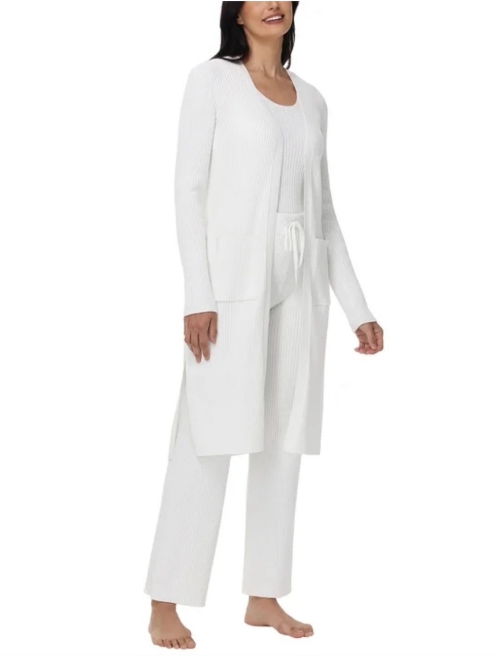 Off White Ribbed Knit Tank, Pants & Long Cardigan Loungewear Set - Picture 2 of 11